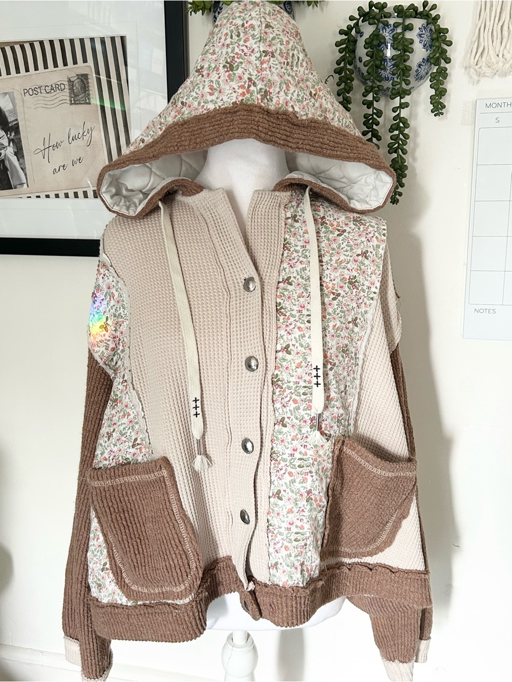 POL Floral Patchwork Hooded Quilted Jacket - Beige & Brown